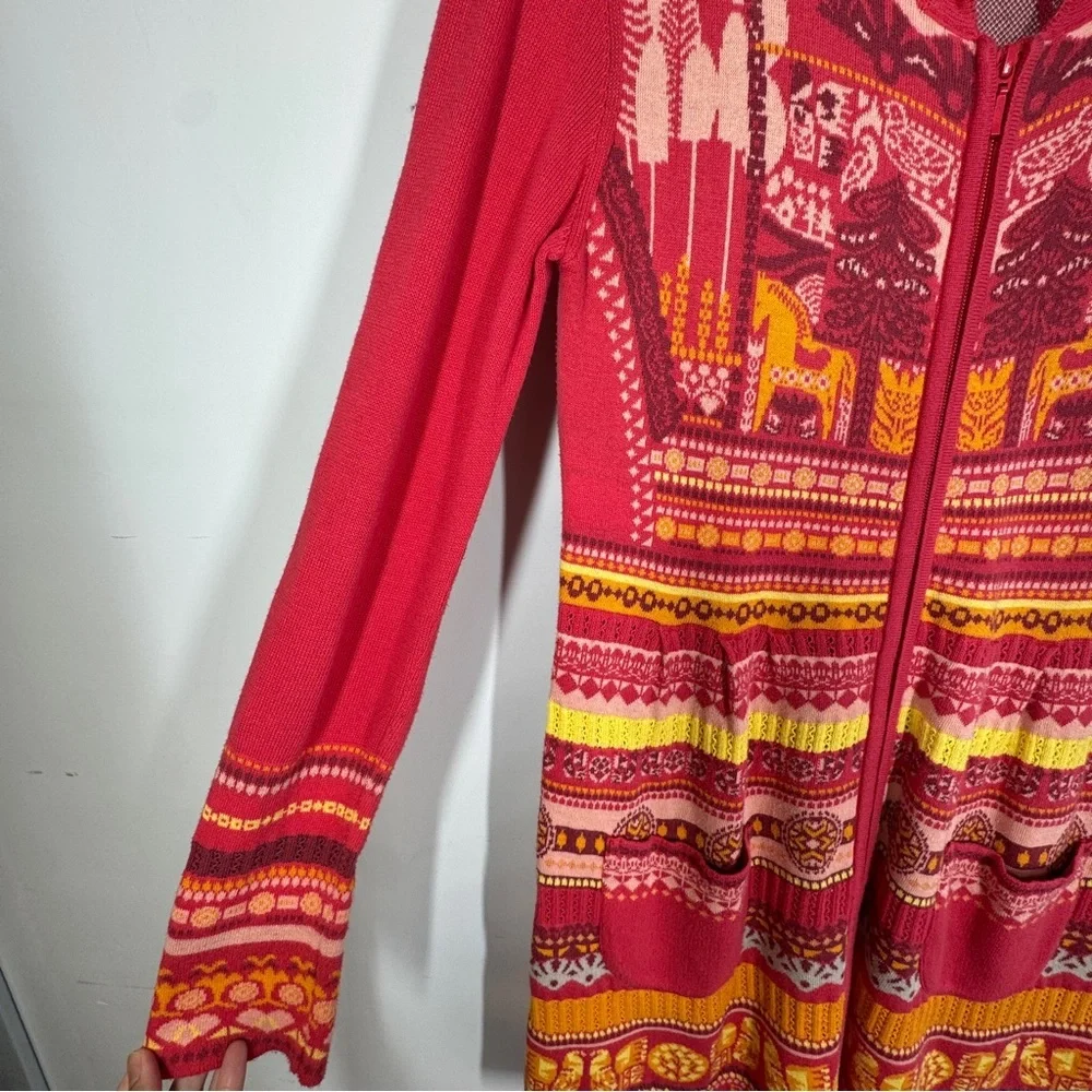 KOOI Knit Vibrant Red Orange Patterned Cardigan Nordic Fair Isle Zip Cotton - Picture 7 of 16